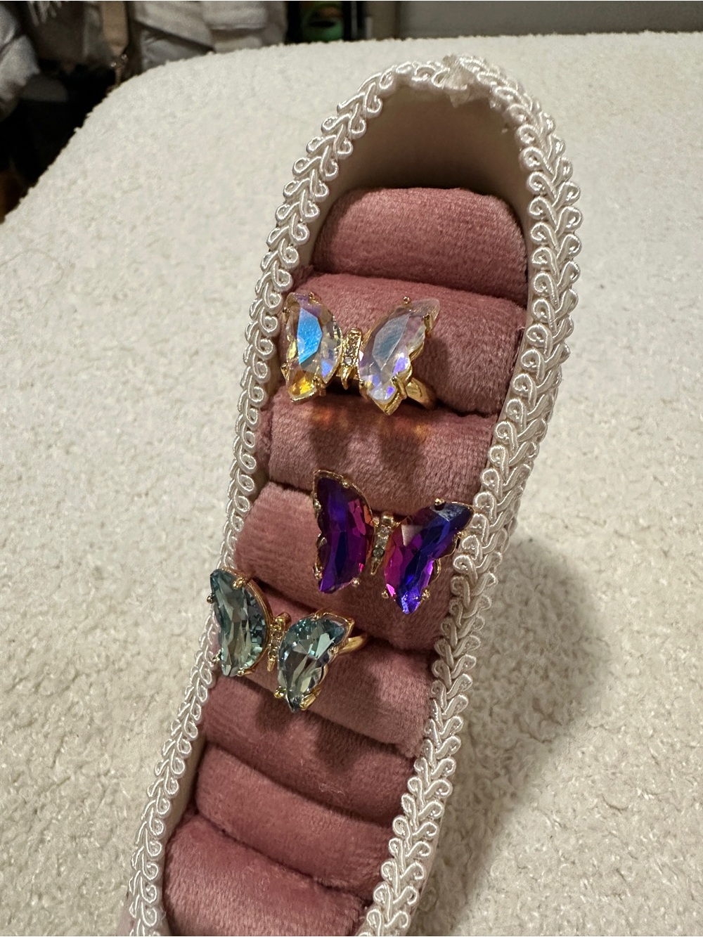3 Gold Plated Butterfly Crystal Rings